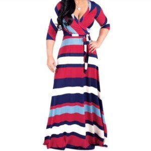 Janette Fashion Sky Blue Navy Red Bold Stripe Faux Wrap Maxi Dress